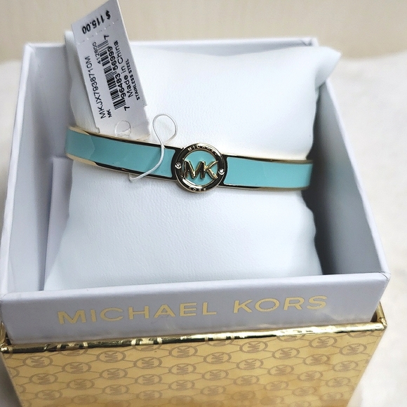 NWT MICHAEL KORS MK LOGO GOLD & TURQUOISE ENAMEL BANGLE BRACELET - Picture 8 of 11